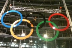 Rigging the Olympics Rings at Heathrow T5 in 2012.